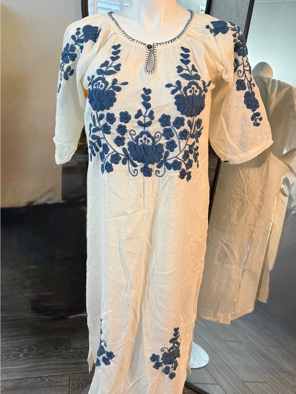 Cream Linen Maxi Dress with Blue Floral Embroidery and Keyhole Neckline